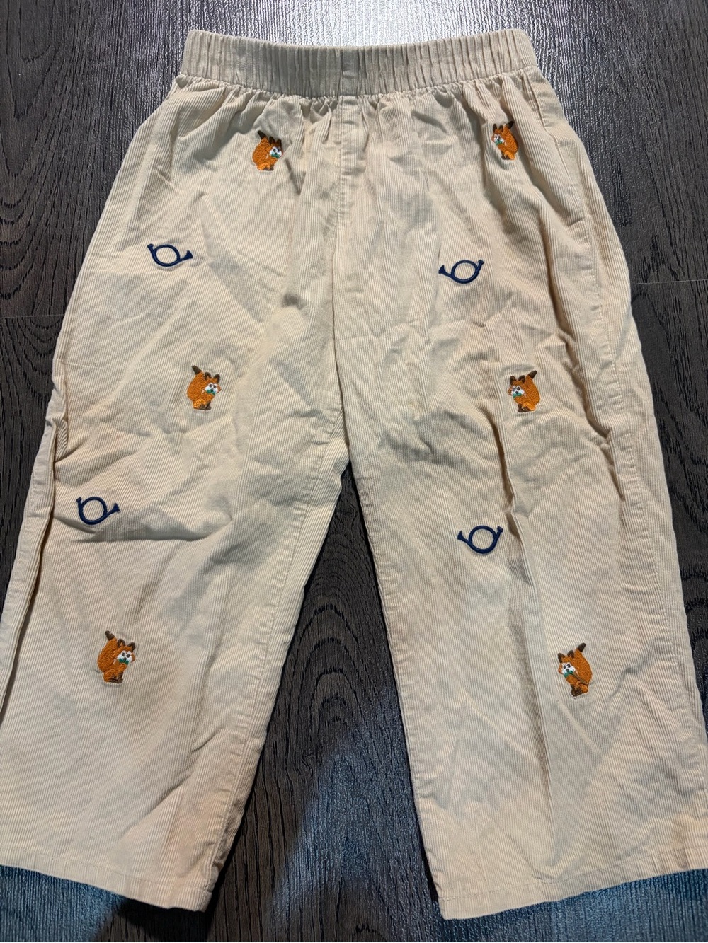 The Beaufort Bonnet Company Beige Corduroy Pants with Fox Embroidery